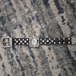 Geneva Platinum black rhinestone ladies watch